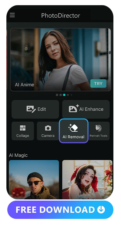 main UI of PhotoDirector with AI Removal feature highlighted